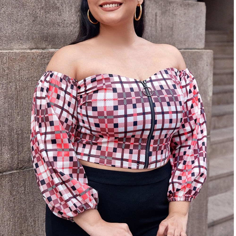 New- Off- Shoulders Zipper Front Plaid Top